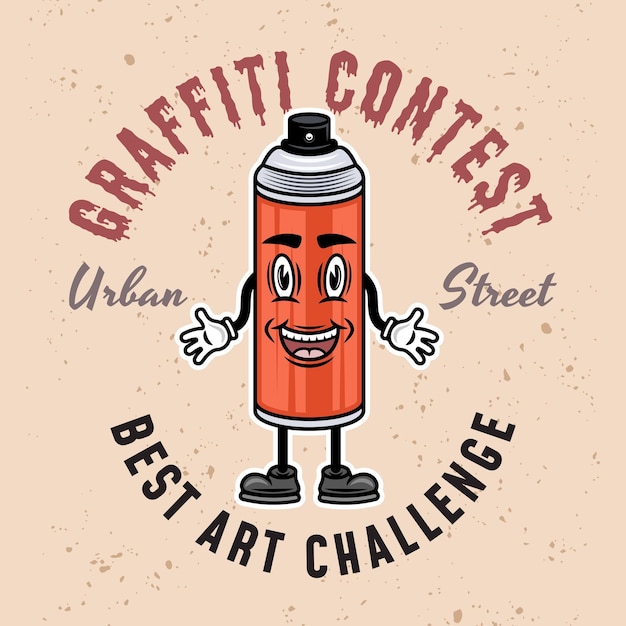 Concurso de graffiti vector emblema de color etiqueta o logotipo con pintura en aerosol puede personaje sonriente en un fondo claro