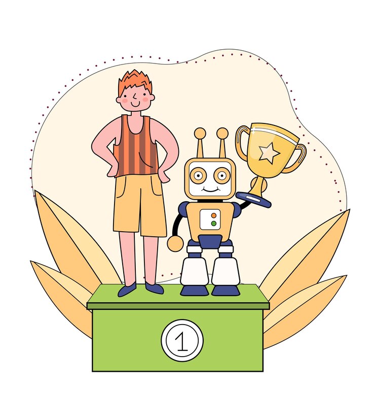 Vector concursos de robótica concepto niño junto con su droide se encuentra en el pedestal ganador hombre ha creado