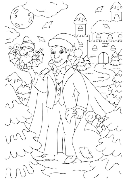 Conde drácula con regalos de navidad. página de libro para colorear para niños. personaje de estilo de dibujos animados. ilustración de vector aislado sobre fondo blanco.