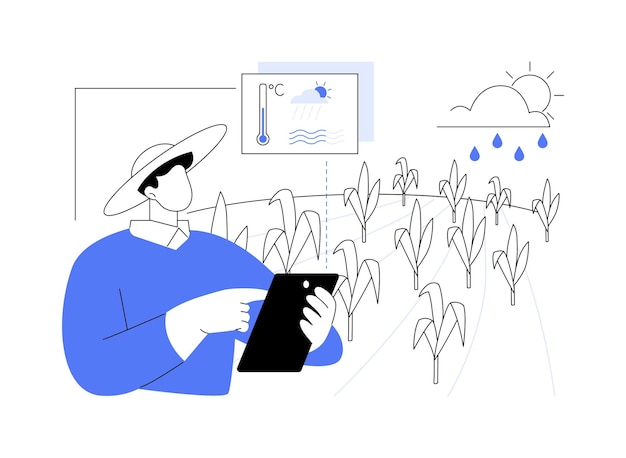 Condiciones meteorológicas ilustración vectorial de concepto abstracto Agricultor con teléfono inteligente controla el tiempo con sensor de aplicación de humedad y temperatura humedad precipitación metáfora abstracta