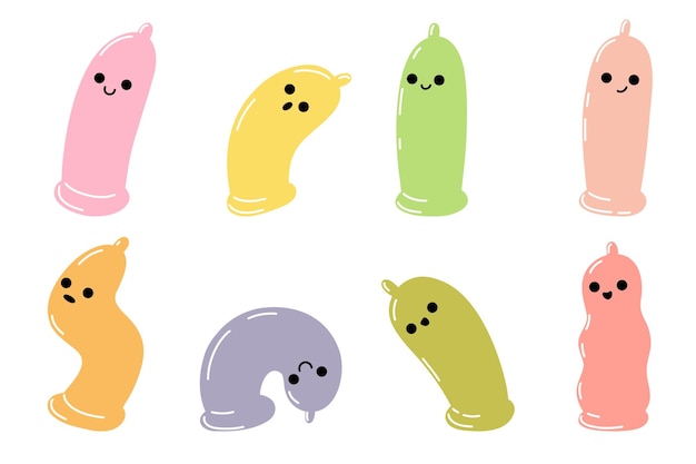 Condom personaje de dibujos animados Condoms set anticoncepción sexual segura Emoji kawaii lindo