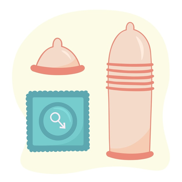 Condón Hombres protección anticoncepción Ilustración para imprimir fondos cubiertas embalaje tarjetas de felicitación carteles pegatinas textil y diseño estacional Aislado sobre fondo blanco