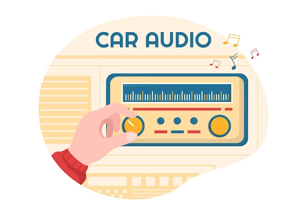Vector conducir un automóvil escuchando música con altavoces fuertes o sistema de sonido en la ilustración de carteles de dibujos animados