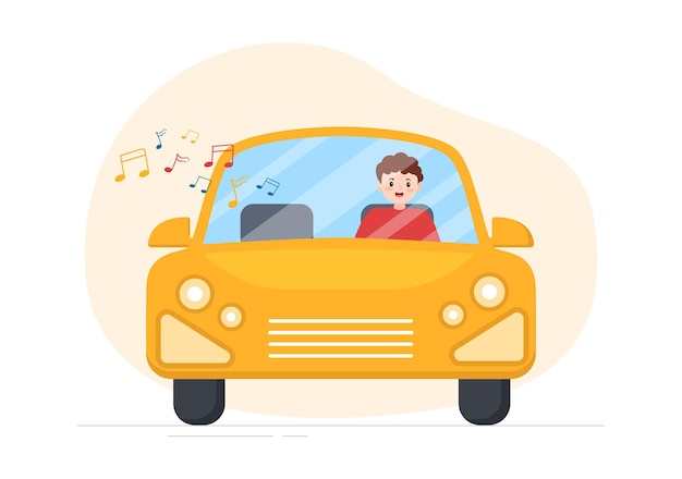 Vector conducir un automóvil escuchando música con altavoces fuertes o sistema de sonido en la ilustración de carteles de dibujos animados