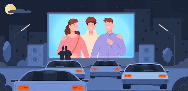 Vector conducir cine pareja romántica sentada en el techo del coche viendo una película gran pantalla teatro al aire libre en la noche espacio de estacionamiento de automóviles conducir en la noche paisaje del parque espléndida ilustración vectorial del coche de cine abierto