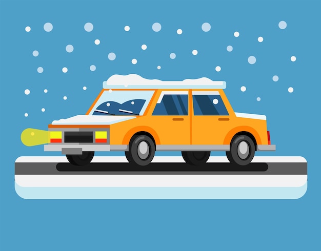 Conducir un coche en una tormenta de nieve en la ilustración plana de la temporada de navidad y año nuevo