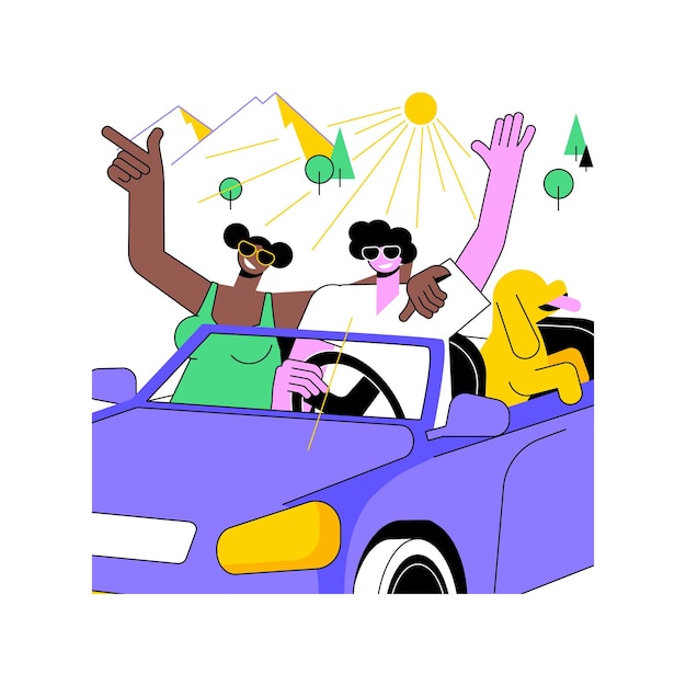 Vector conducir con un perro ilustraciones vectoriales de dibujos animados aislados una pareja feliz viajando en un coche con un perro estilo de vida de la gente viaje de verano viaje por carretera con mascotas tiempo de ocio juntos