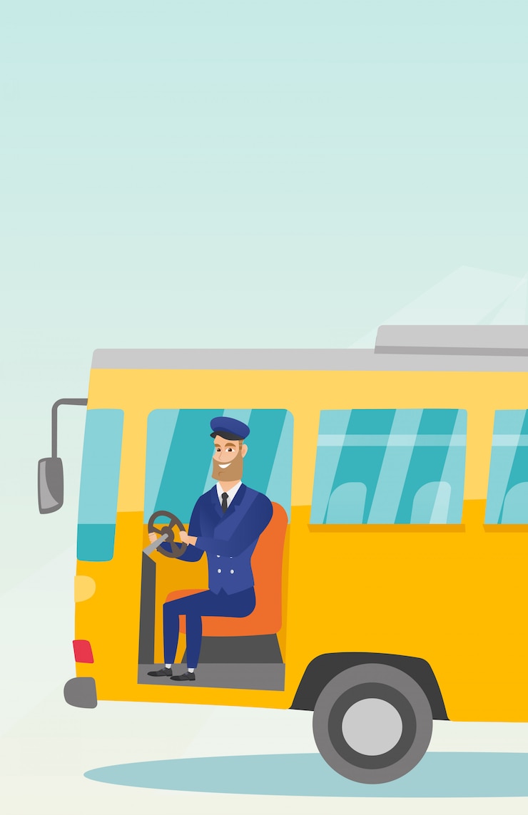 Vector conductor de autobús caucásico sentado en el volante.