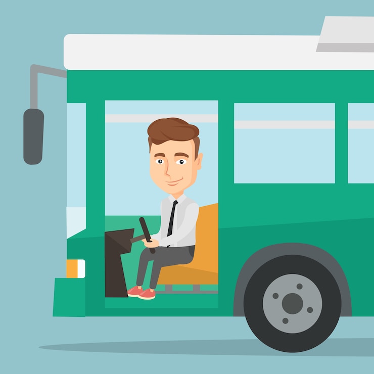 Vector conductor de autobús caucásico sentado en el volante.