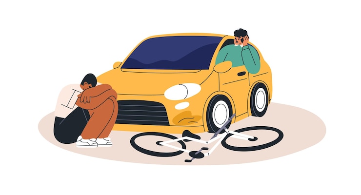 Vector conductor de automóvil pide ayuda después de golpear a un ciclista ciclista con conmoción sentado en la carretera después de un accidente de tráfico colisión de bicicleta y transporte de automóviles ilustración vectorial plana aislada en fondo blanco