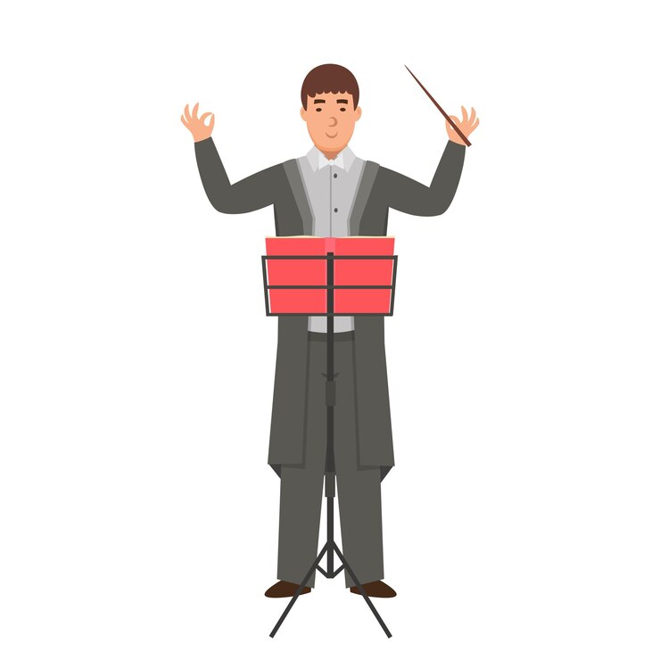 Vector conductor de dibujos animados con notas, personaje para niños. ilustración vectorial plana