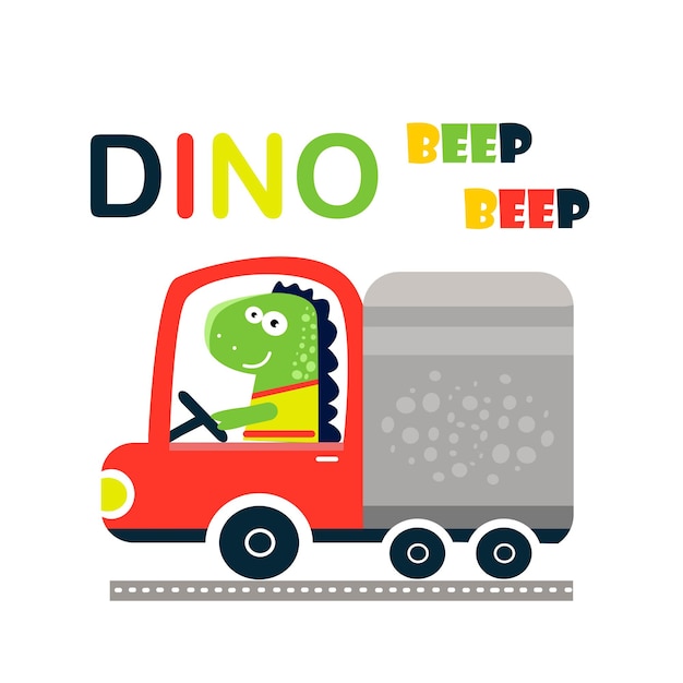 Conductor de dinosaurio lindo con ilustración de vector de coche van camión