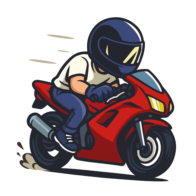 El conductor de una motocicleta vestido con una camiseta de cuero y montando Lover Biker Touring dibujos animados rojos