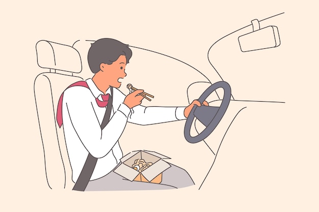 El conductor de la prisa come fideos y conduce el coche al mismo tiempo debido a los plazos estrictos en el trabajo