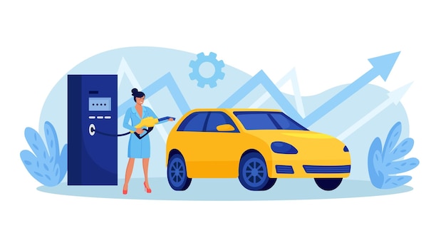 Conductor repostando auto en gasolinera con pistola de combustible Alto precio del combustible para automóviles Personas desperdiciando dinero en gasolina Economía de combustible y ahorro de dinero