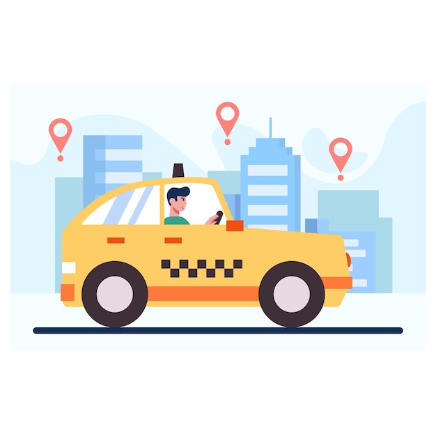 Conductor de taxi en camino al cliente Concepto de pedido de taxi en línea