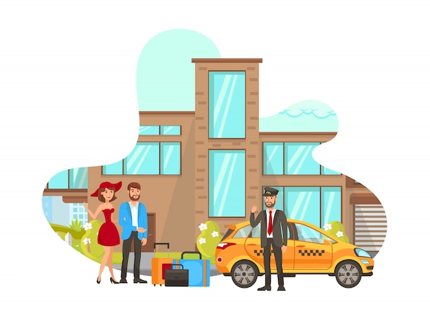 Conductor de taxi cumple con clientes Vector Illustration