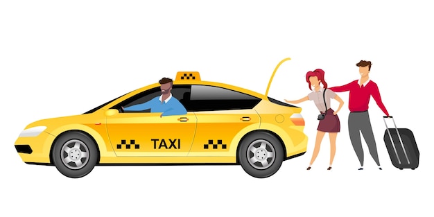 Conductor de taxi con personajes de color plano sin rostro de clientes hombre en taxi amarillo y turistas con equipaje aislado ilustración de dibujos animados para diseño gráfico web y animación servicio de viajes de la ciudad