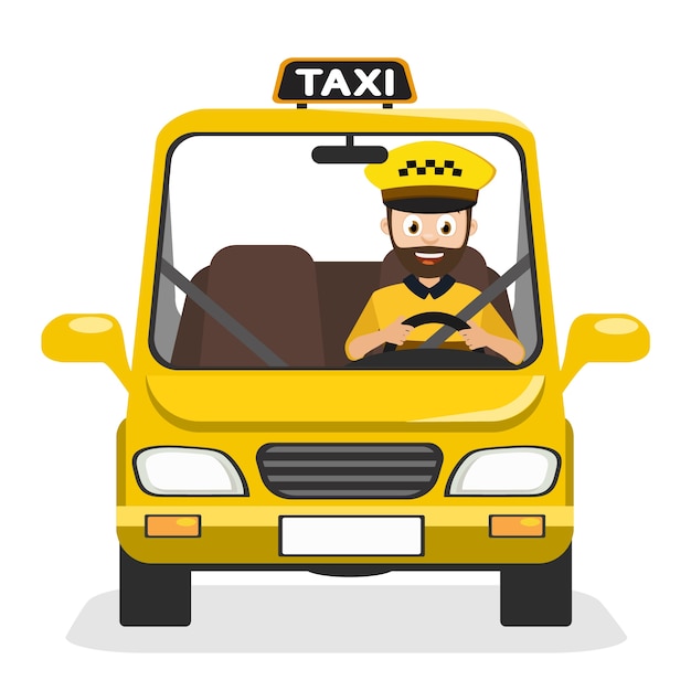 Vector conductor de taxi viaja en el coche de guardia sobre un fondo blanco.