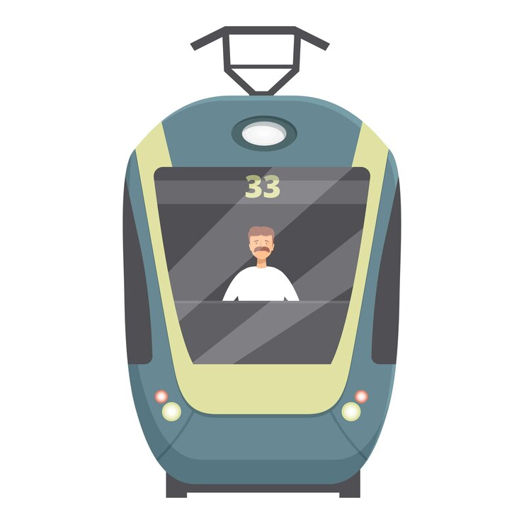 Conductor de tranvía conduciendo un tranvía moderno sobre un fondo blanco