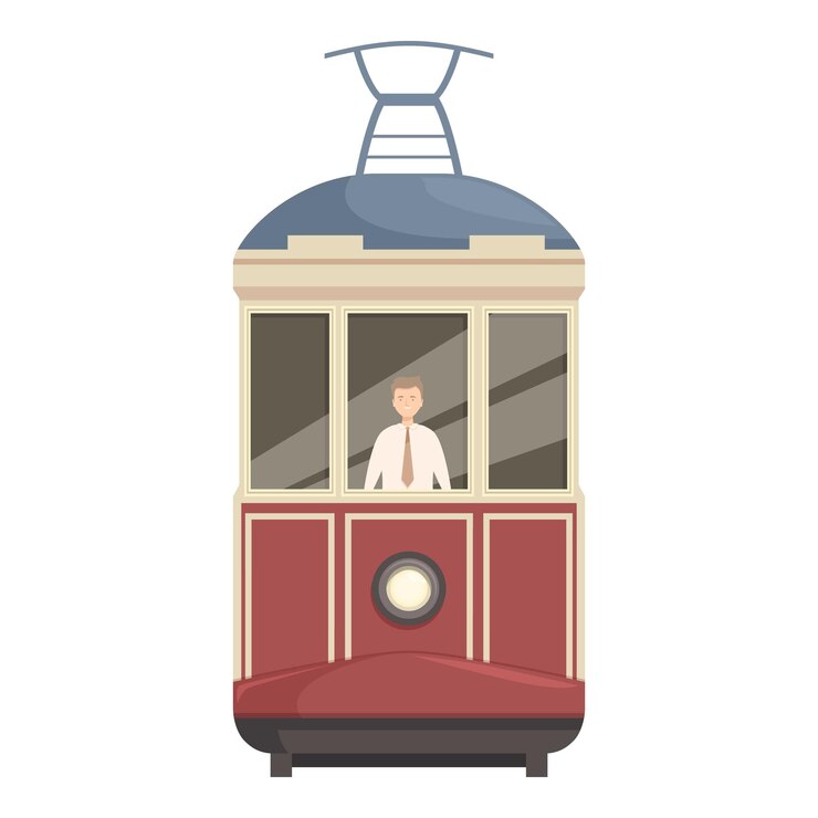 Vector el conductor del tranvía está conduciendo un tranvía rojo
