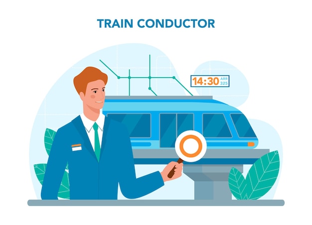 Vector conductor del tren. trabajador ferroviario en uniforme de guardia. ilustración vectorial