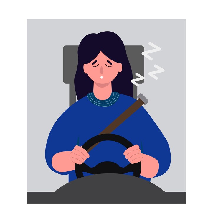 Vector una conductora somnolienta se queda dormida mientras conduce un automóvil, duerme mientras conduce una ilustración