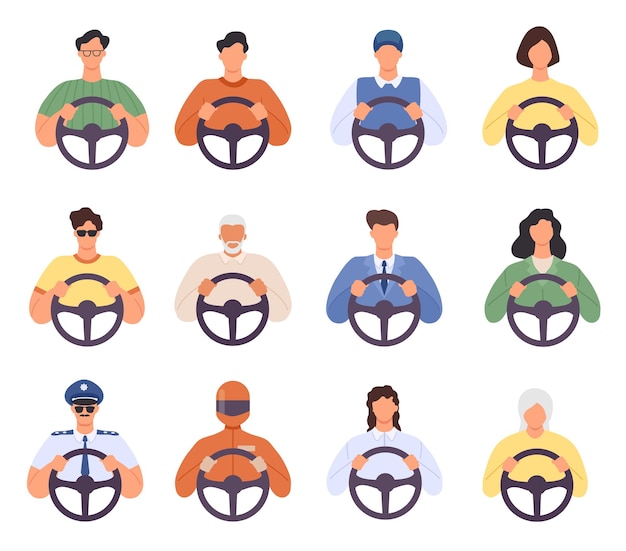 Conductores. Hombre y mujer conduciendo iconos de coche. Taxista y pasajero, mensajero, policía y anciano con rueda. Conjunto de vector de chofer, carácter de personas de conductor en la ilustración de la carretera