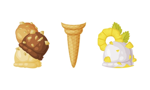 Cone de waffle y bola de helado de chocolate como conjunto vectorial de elementos de postre