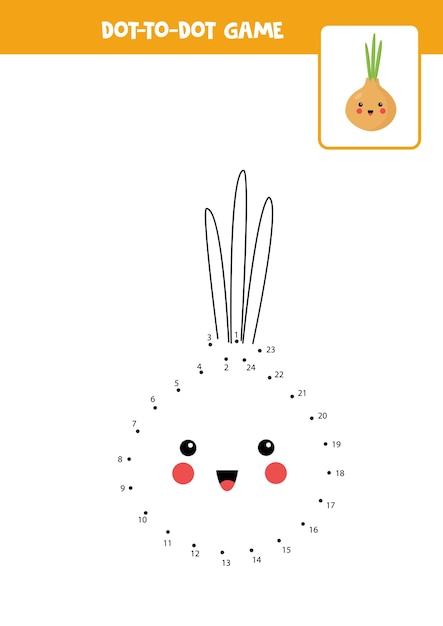 Conecta el juego de puntos con cebolla kawaii de dibujos animados. Hoja de trabajo educativo.