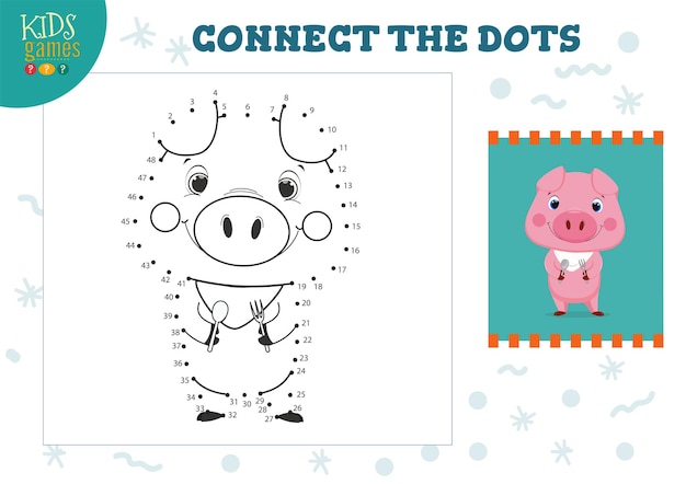 Conecta el minijuego de puntos para niños. Actividad educativa para niños en edad preescolar con unión punto a punto y dibujo de cerdo de divertidos dibujos animados con cuchara y tenedor