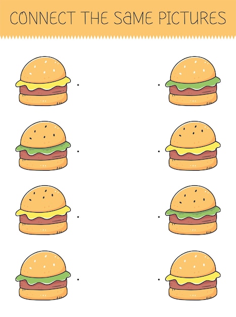 Conecta el mismo juego de imágenes con una linda hamburguesa de dibujos animados Juego infantil con una hamburguesa