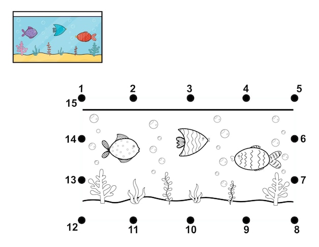 Vector conecta los puntos y dibuja una actividad de acuario juego de punto a punto para niños aprendiendo la forma del rectángulo