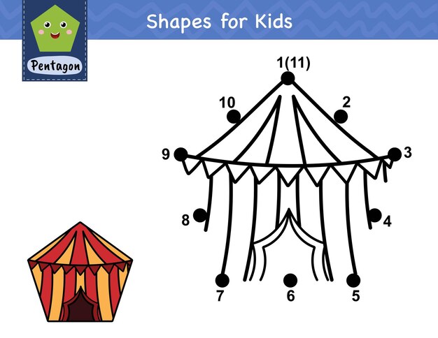 Conecta los puntos y dibuja un circo Juego de números punto a punto para niños Aprendiendo la forma del pentágono