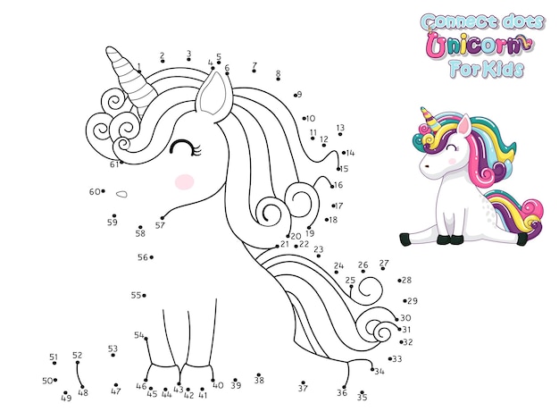 Conecta los puntos y dibuja un lindo unicornio de dibujos animados. juego educativo para niños. ilustración de vector con personajes de animales de dibujos animados