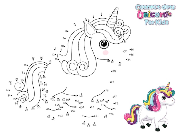 Conecta los puntos y dibuja un lindo unicornio de dibujos animados. Juego educativo para niños. Ilustración de vector con personajes de animales de dibujos animados