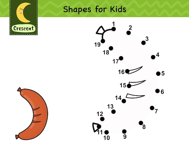 Conecta los puntos y dibuja una salchicha Juego de números punto a punto para niños Aprendiendo una forma de media luna