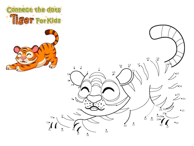 Conecta los puntos y dibuja un tigre de dibujos animados lindo. Manualidades y hojas de trabajo para niños. Ilustración de vector. Aprender letras para niños pequeños, preescolar, jardín de infantes.