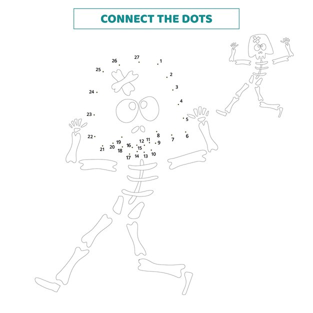 Conecta los puntos para el esqueleto de Halloween. Hoja de trabajo para niños.