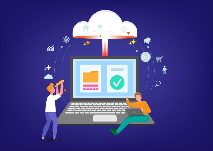 Vector conectarse a la tecnología de computación en la nube para compartir archivos seguros y comunicarse con el equipo mientras trabaja de forma remota subir y descargar archivos concepto empresario conectar línea de red con computación en la nube