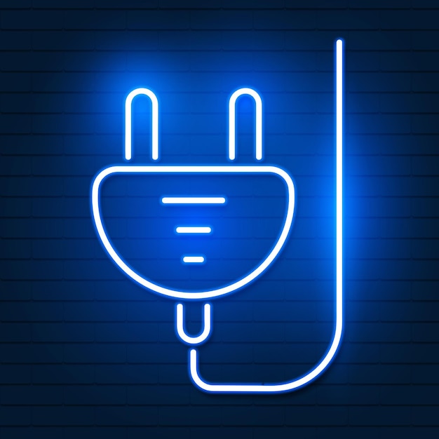 Conecte el icono de neón azul brillante. Vector de logo de signo luminoso