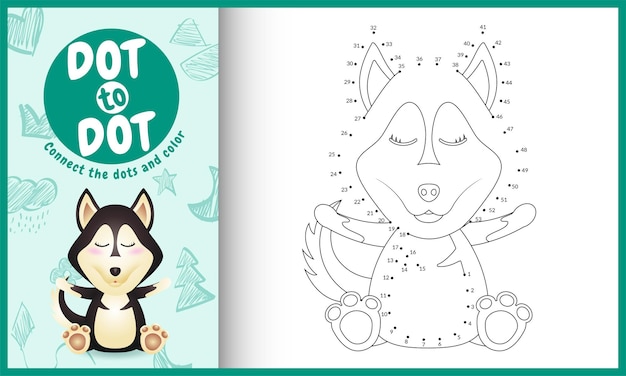 Conecte el juego para niños de puntos y la página para colorear con un lindo personaje de perro husky