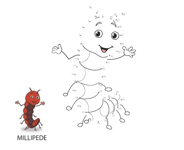 Conecte el juego de números de punto a punto dibuje una línea ilustración vectorial de lindos juegos educativos de dibujos animados de milpiés para niños