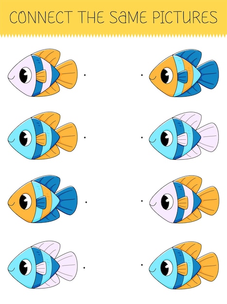 Conecte el mismo juego de imágenes con peces de dibujos animados Juego infantil con peces lindos Ilustración vectorial