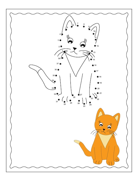 Conecte los puntos y dibuje el juego educativo Cute Cartoon Cat para niños Vector Illustration