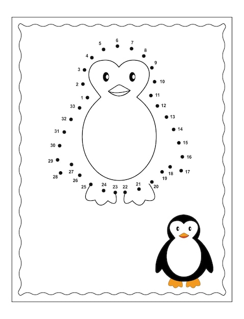 Conecte los puntos y dibuje un lindo juego educativo de pingüinos de dibujos animados para niños, ilustración vectorial