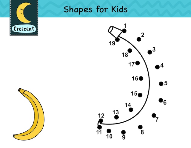 Conecte los puntos y dibuje un plátano Juego de números punto a punto para niños Aprendiendo una actividad en forma de media luna