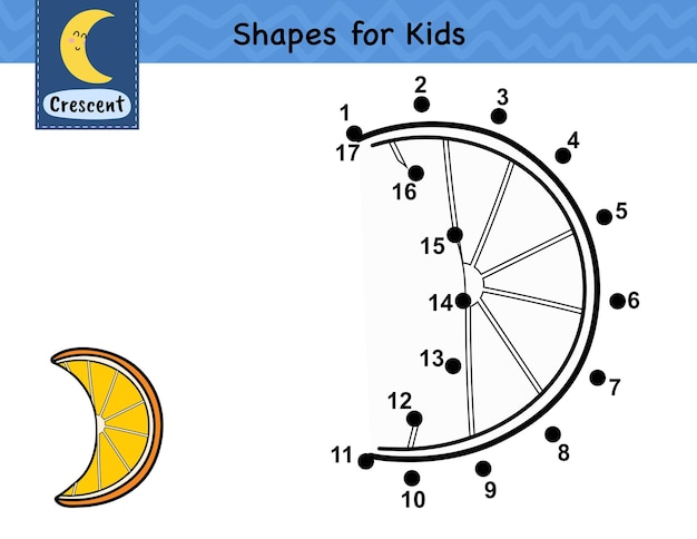 Conecte los puntos y dibuje una rodaja de naranja Juego de números punto a punto para niños Aprendiendo la forma de media luna