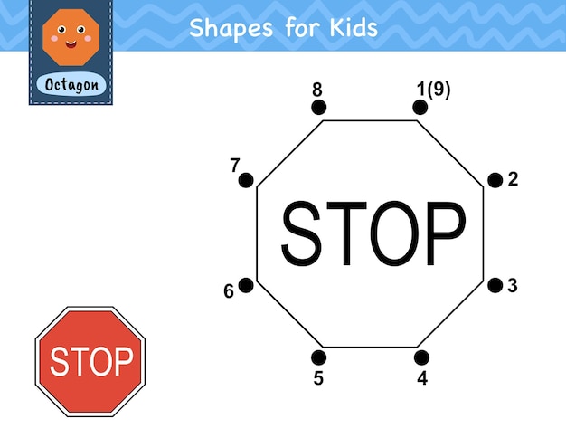 Conecte los puntos y dibuje una señal de alto de tráfico Juego de números punto a punto para niños Aprendiendo el octágono