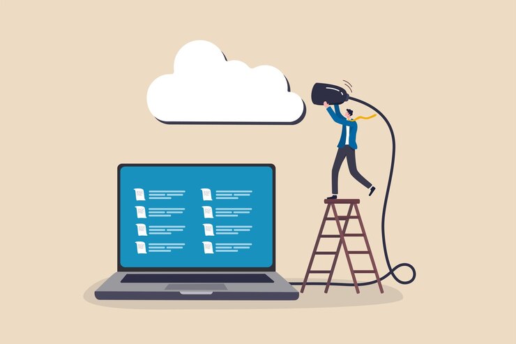 Vector conéctese a la tecnología de computación en la nube para compartir archivos seguros y comunicarse con el equipo mientras trabaja de forma remota, cargue y descargue archivos, el concepto de empresario conecta la línea de red con la computación en la nube
